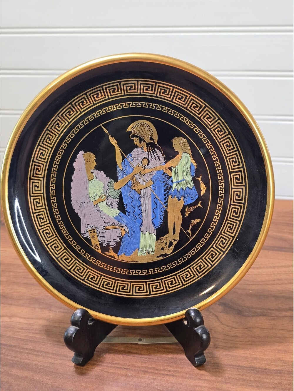 Vintage Handcrafted Greek Mythology Black Wall Plate 24K Gold Trim 7"